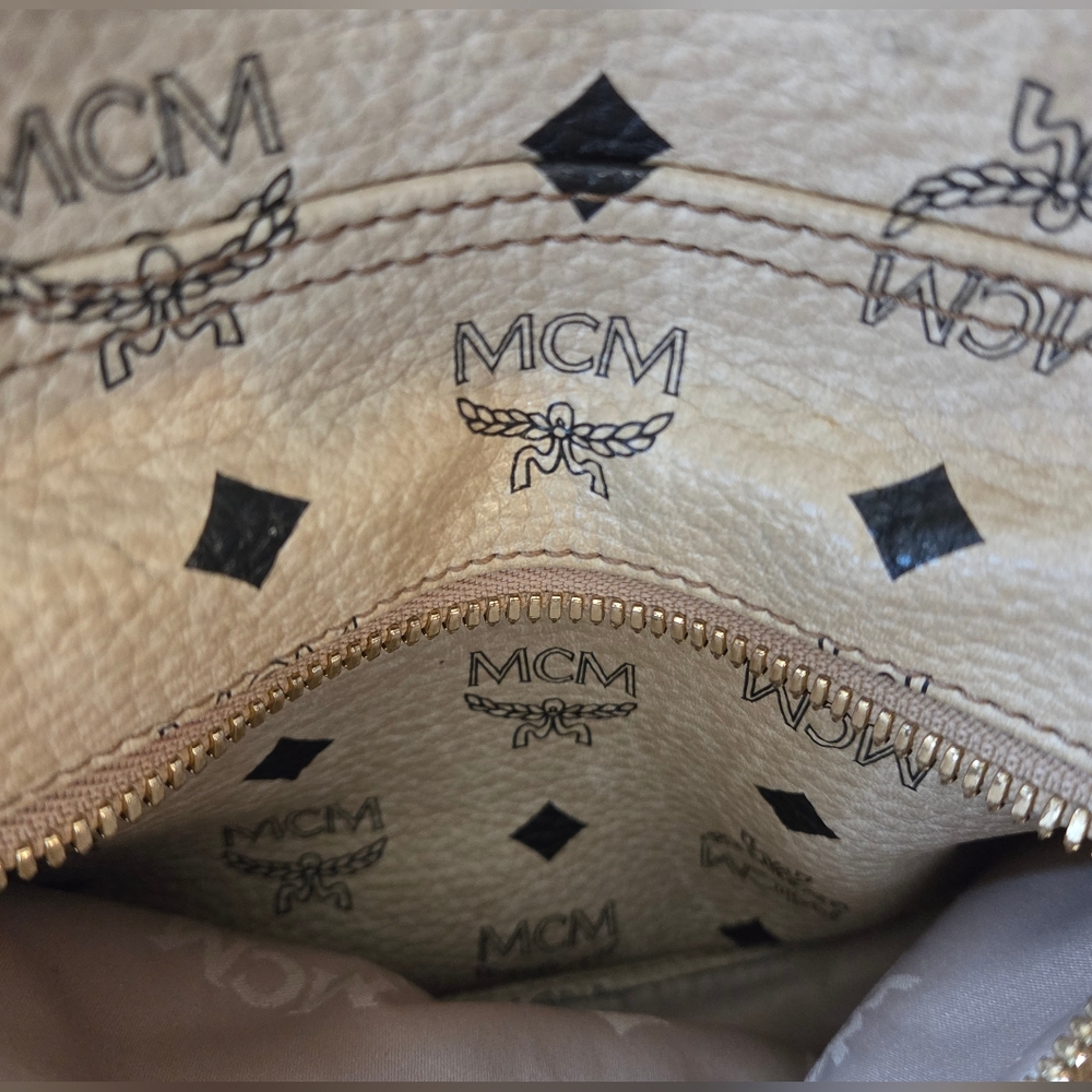MCM Studded Med Sz(Unisex) Leather Backpack Beige Silver Metal Logo Plate ( EUC) - Picture 8 of 15